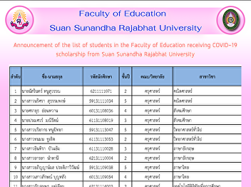 Announcement of the list of students in
the Faculty of Education receiving
COVID-19 scholarship from Suan Sunandha
Rajabhat University