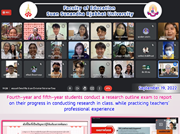 Fourth-year and fifth-year students
conduct a research outline exam to
report on their progress in conducting
research in class. while practicing
teachers' professional experience